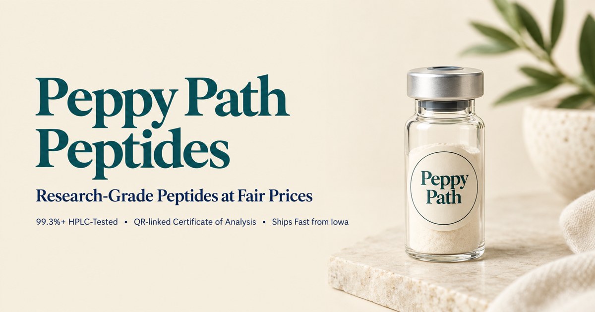 Peppy Path Peptides brand image — Research-Grade Peptides at Fair Prices, 99.3%+ HPLC-Tested, ships fast from Iowa